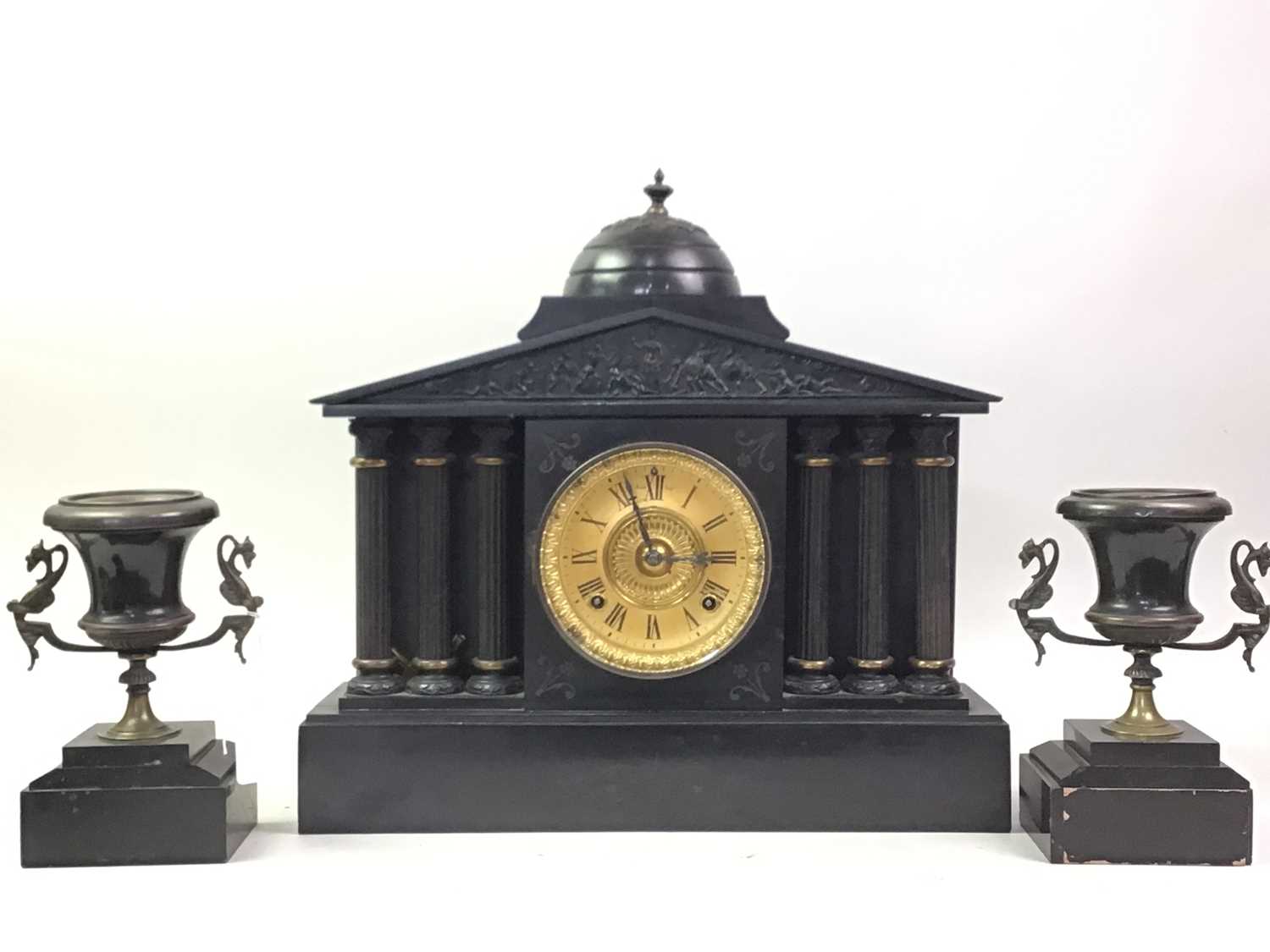 VICTORIAN ARCHITECTURAL BLACK SLATE CLOCK GARNITURE