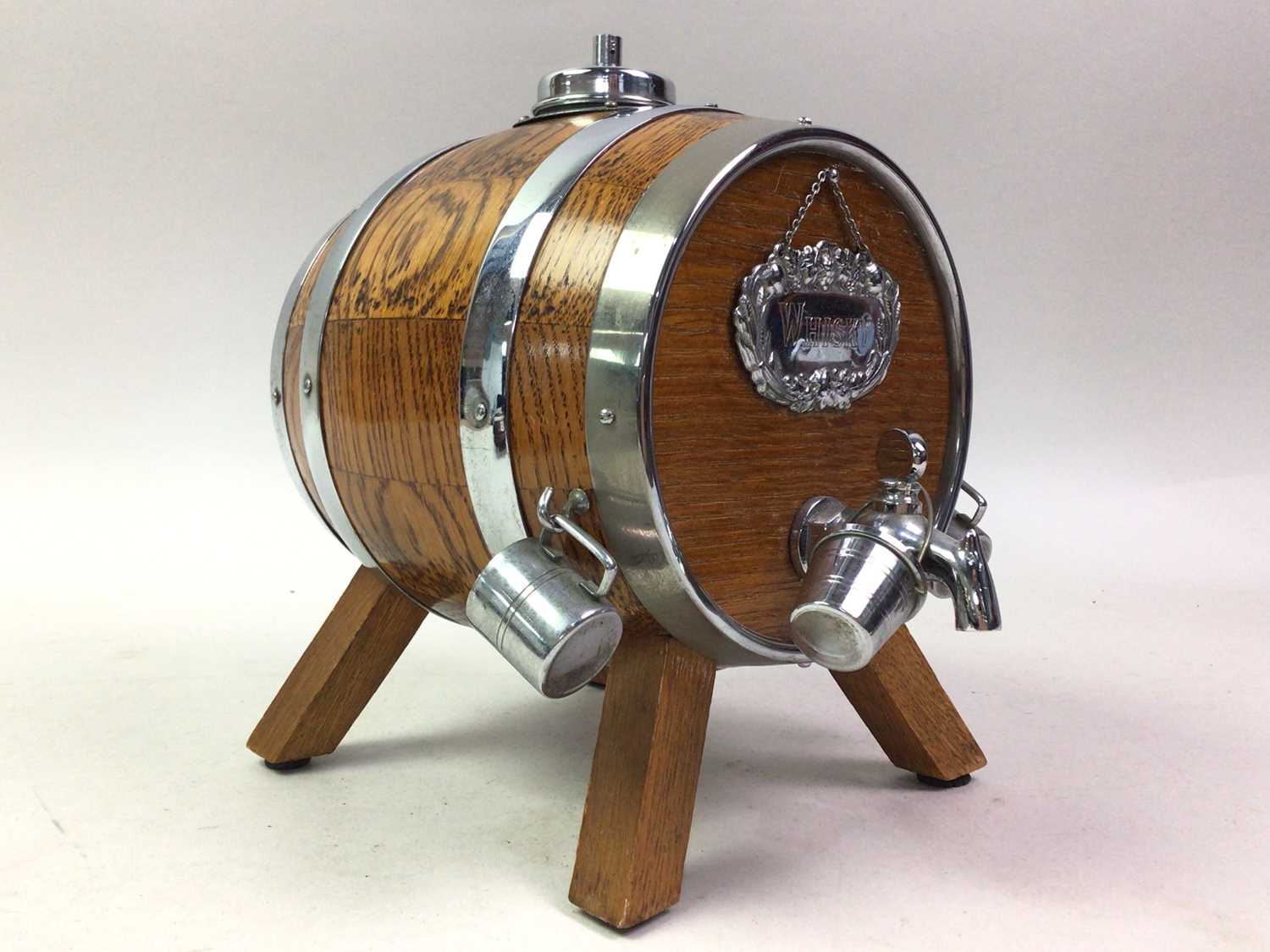 VINTAGE WHISKY BARREL, ALONG WITH A MUSICAL CIGARETTE BOX