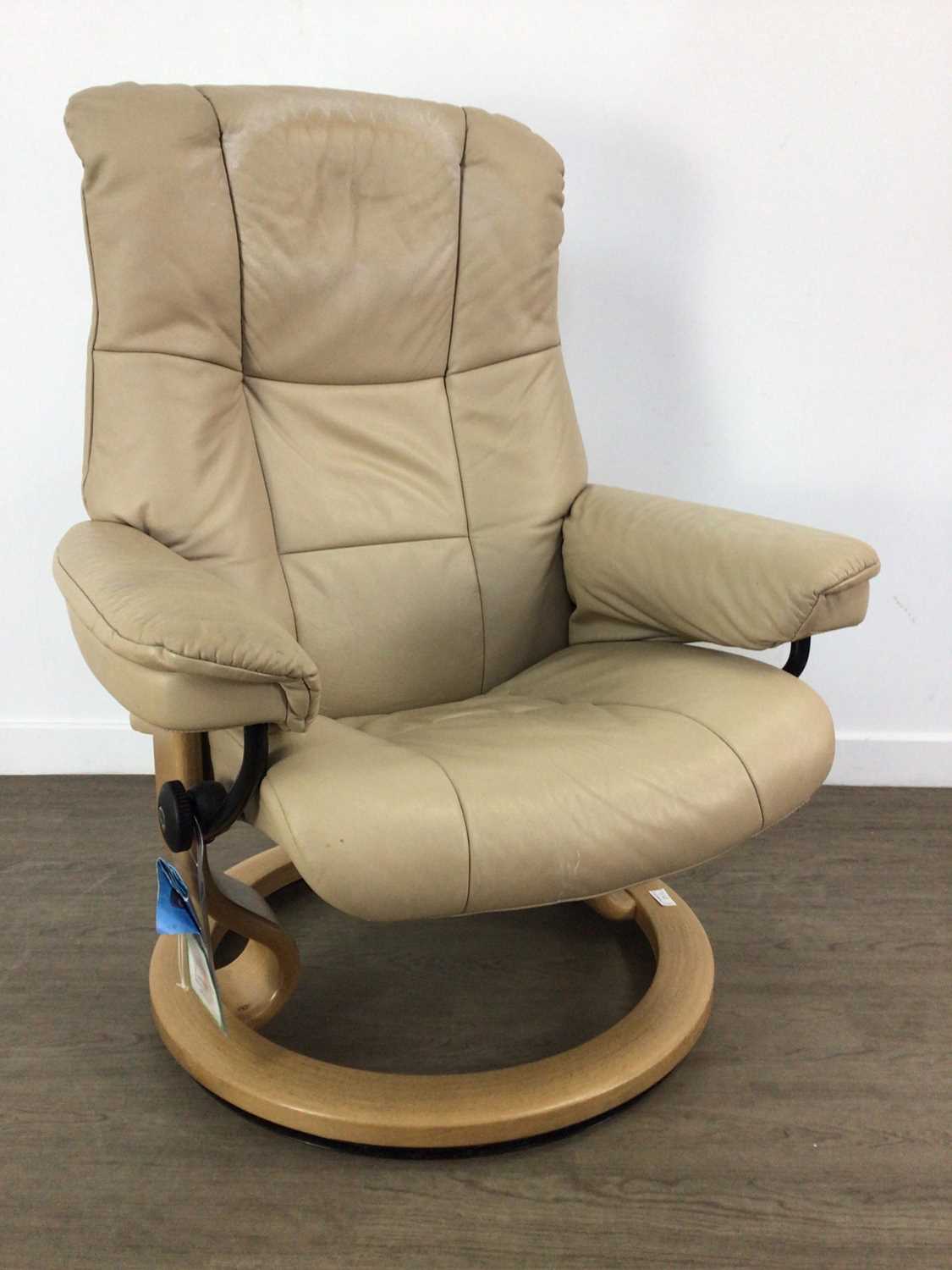 MODERN CREAM LEATHER ARMCHAIR WITH STOOL,