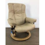 MODERN CREAM LEATHER ARMCHAIR WITH STOOL,