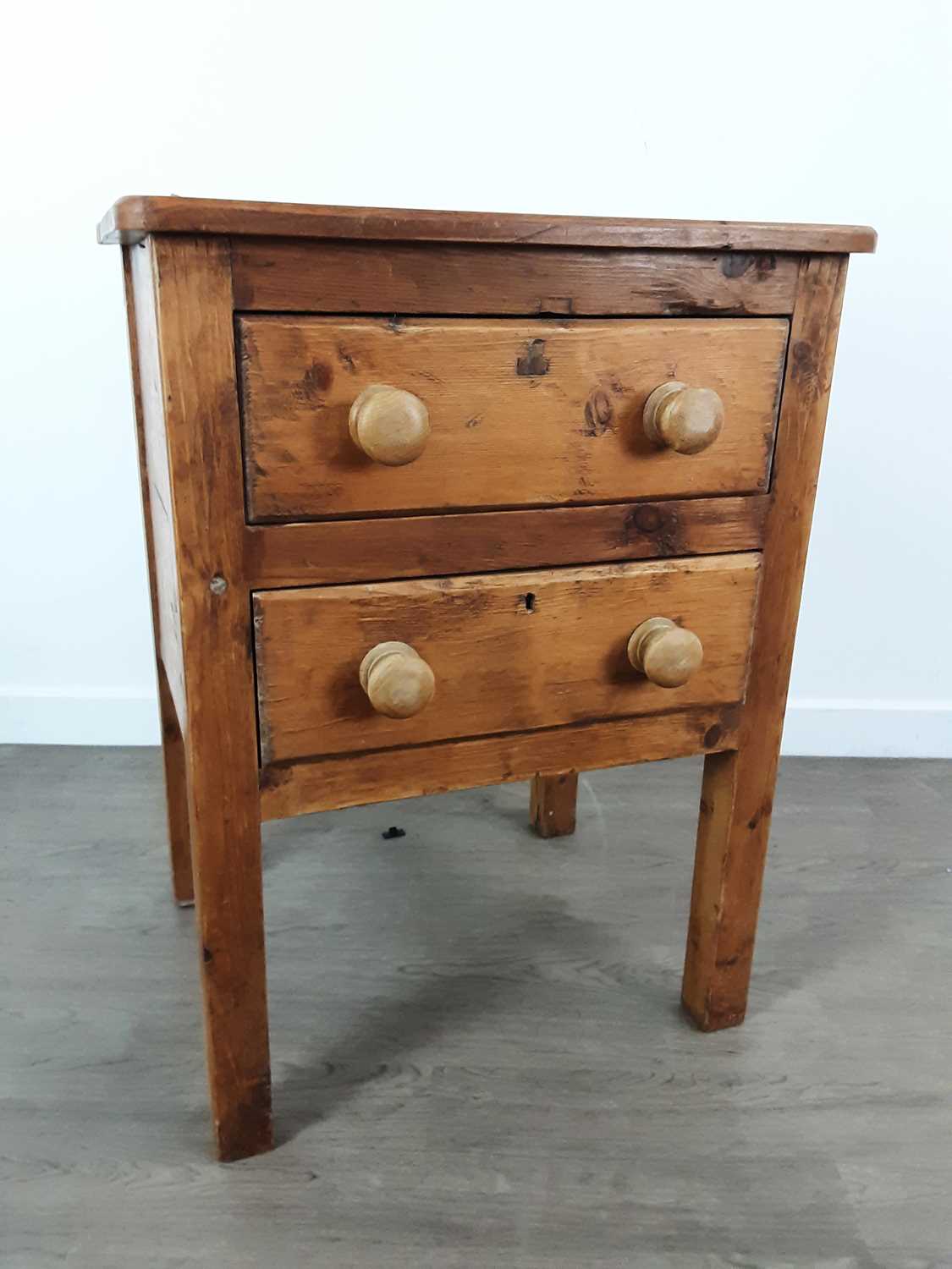 PINE TWO DRAWER CHEST, AND A PINE THREE DRAWER BEDSIDE CHEST