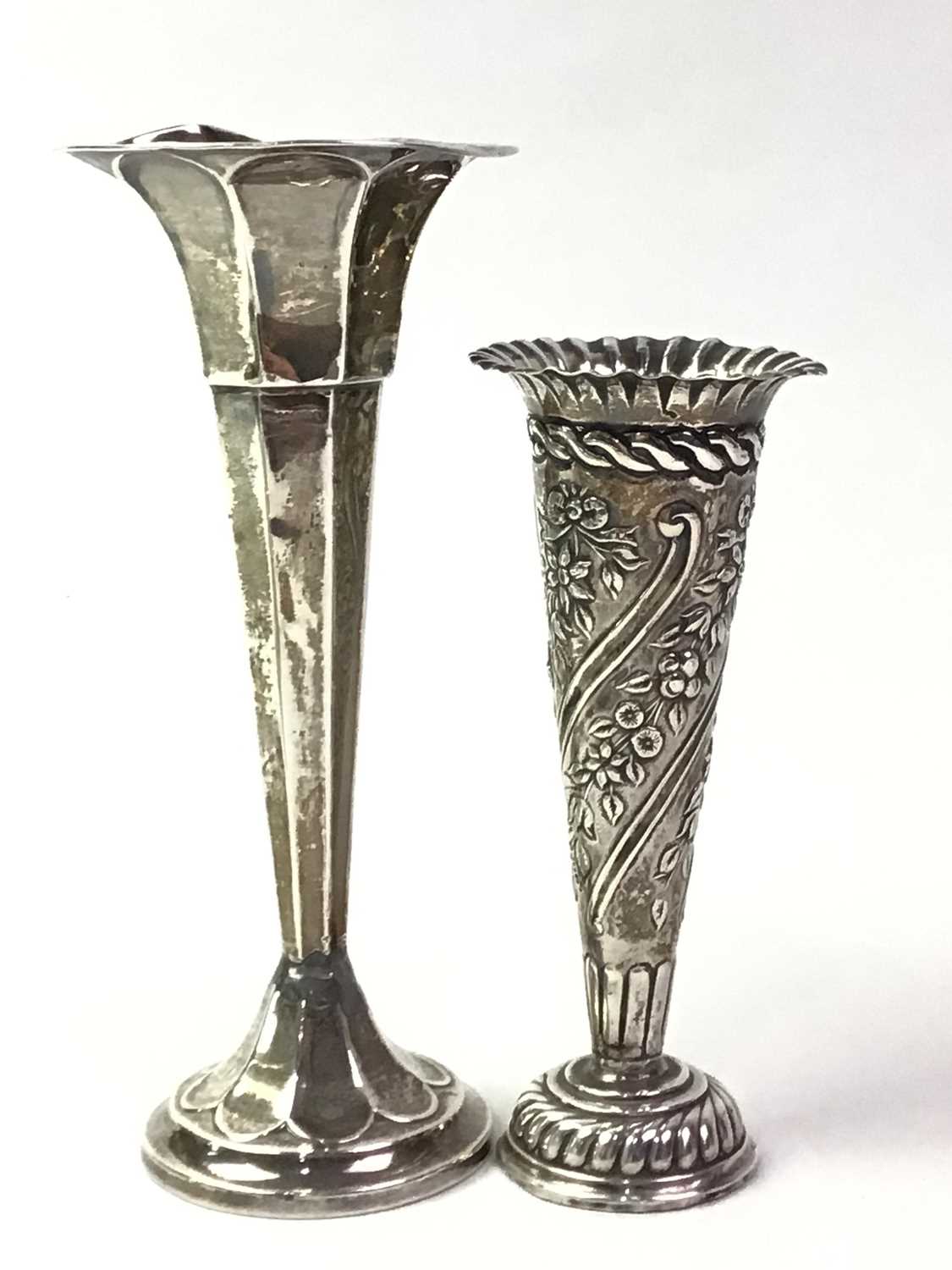 THREE SILVER SOLIFLEUR VASES, AND OTHER ITEMS