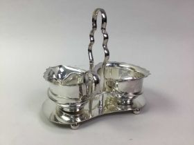 SILVER MONEY CLIP, AND A SILVER PLATED CONDIMENT SET,