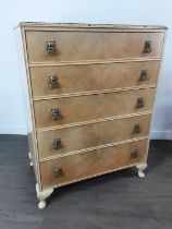 LIMED WALNUT CHEST OF DRAWERS, AND A PAIR OF MATCHING BEDSIDE TABLES