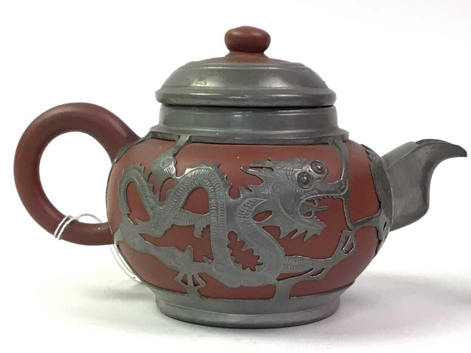 CHINESE PEWTER OVERLAID YIXING TEA SERVICE, ALONG WITH THREE CLOISONNE VASES