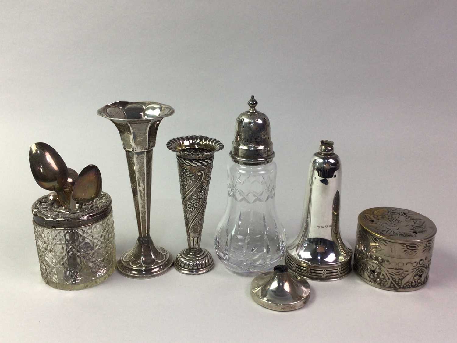 THREE SILVER SOLIFLEUR VASES, AND OTHER ITEMS - Image 2 of 2
