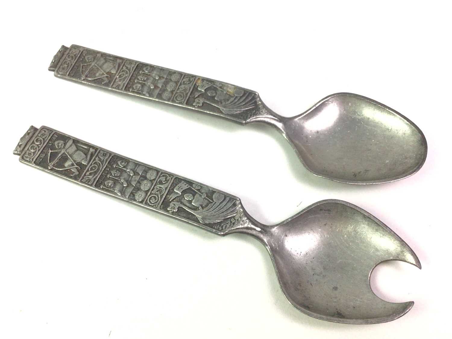 PAIR OF NORWEGIAN PEWTER SERVING SPOONS, ALONG WITH **