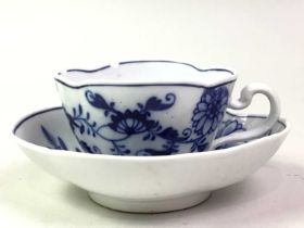 MEISSEN BLUE AND WHITE CUP AND SAUCER, AND A DERBY BOWL