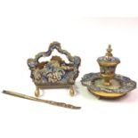 VICTORIAN GILT METAL AND CHAMPLEVE ENAMEL DESK SET,