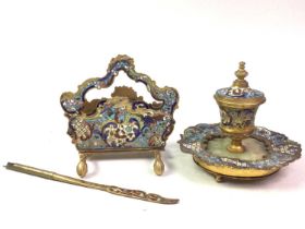 VICTORIAN GILT METAL AND CHAMPLEVE ENAMEL DESK SET,