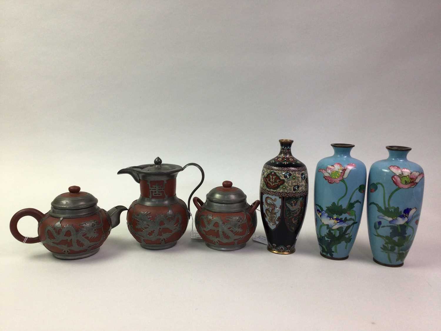 CHINESE PEWTER OVERLAID YIXING TEA SERVICE, ALONG WITH THREE CLOISONNE VASES - Image 2 of 2