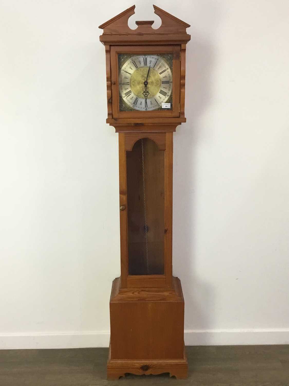 MODERN PINE GRANDMOTHER CLOCK, AND A SMALL MAHOGANY SOFA TABLE