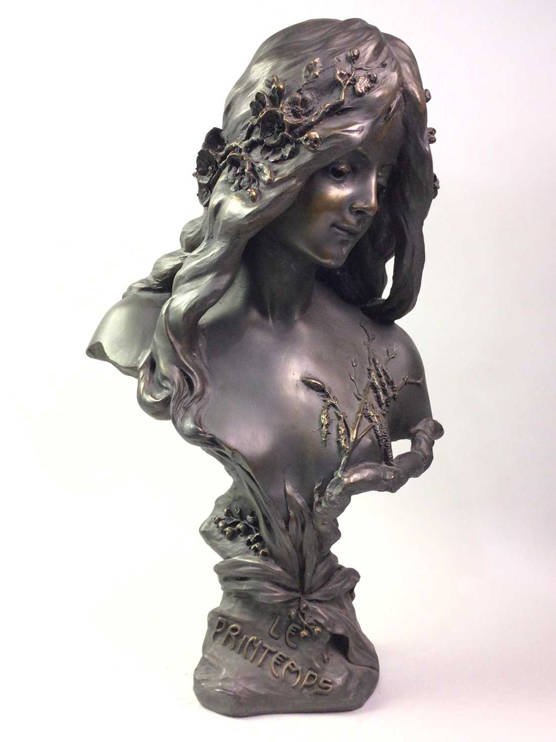 ART NOUVEAU STYLE BRONZED COMPOSITION BUST OF A FEMALE, LE PRINTEMPS