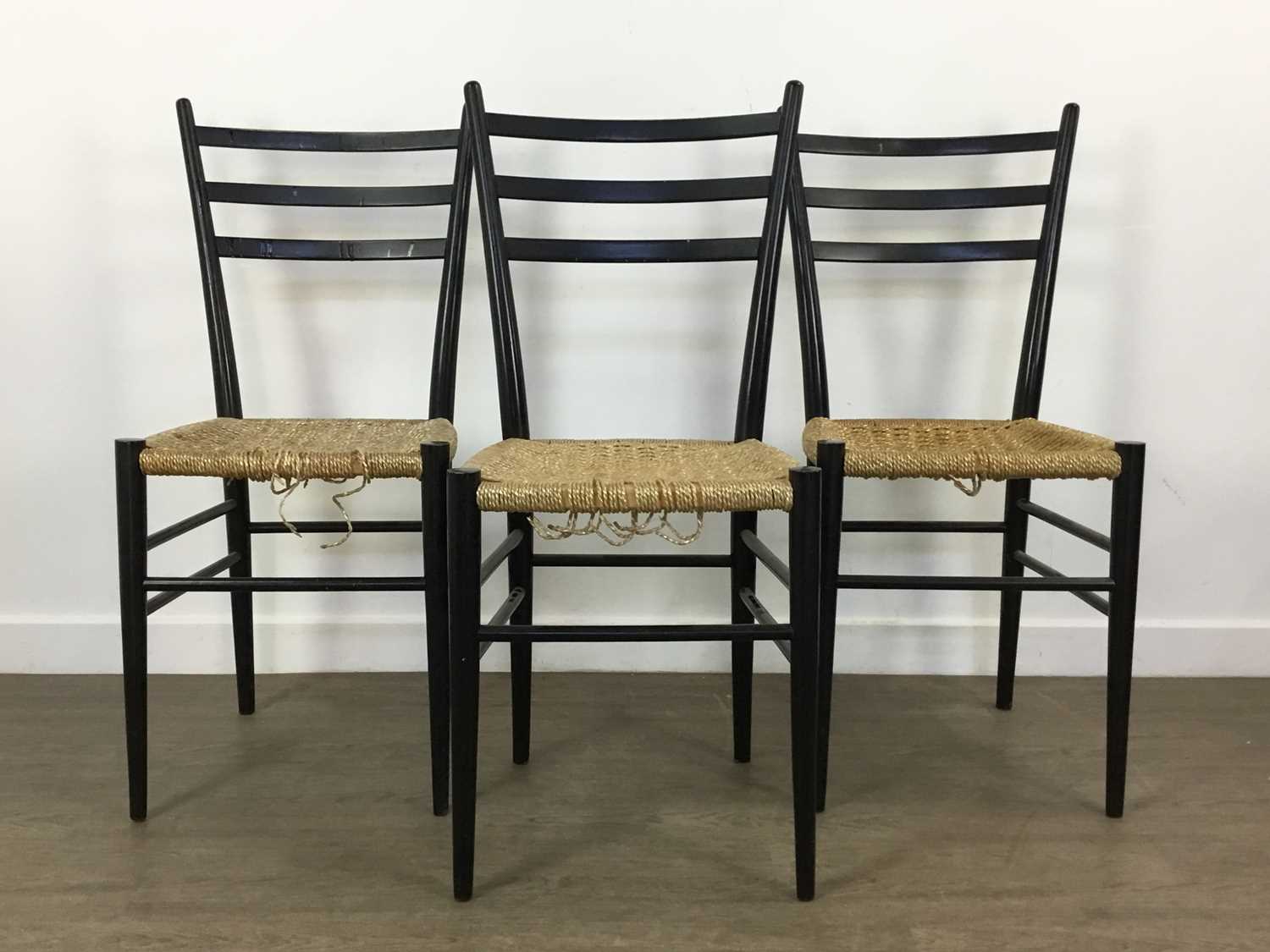 SET OF FIVE EBONISED DINING CHAIRS, MID CENTURY