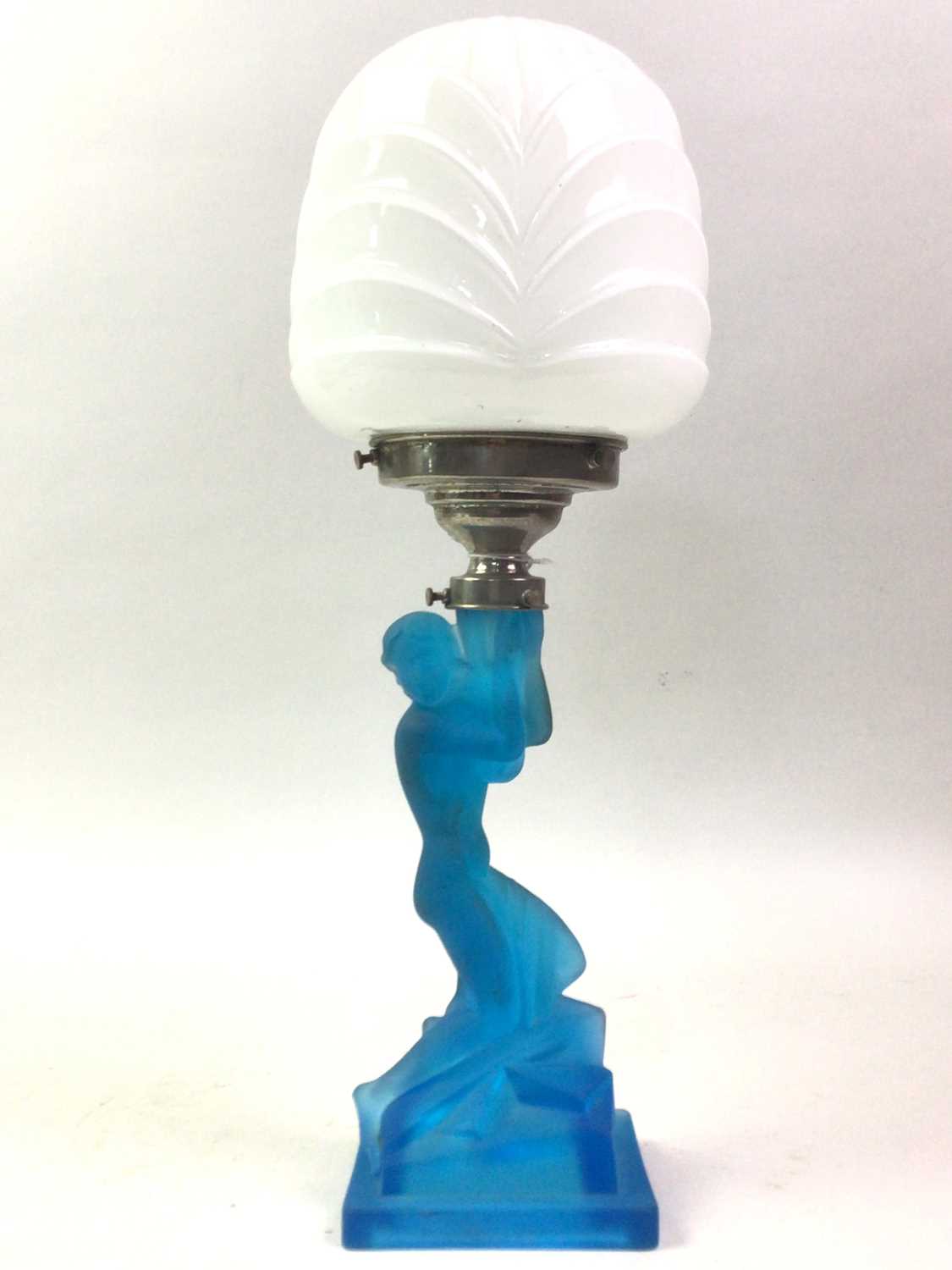 ART DECO WALTHER AND SOHNE BLUE GLASS TABLE LAMP, 20TH CENTURY
