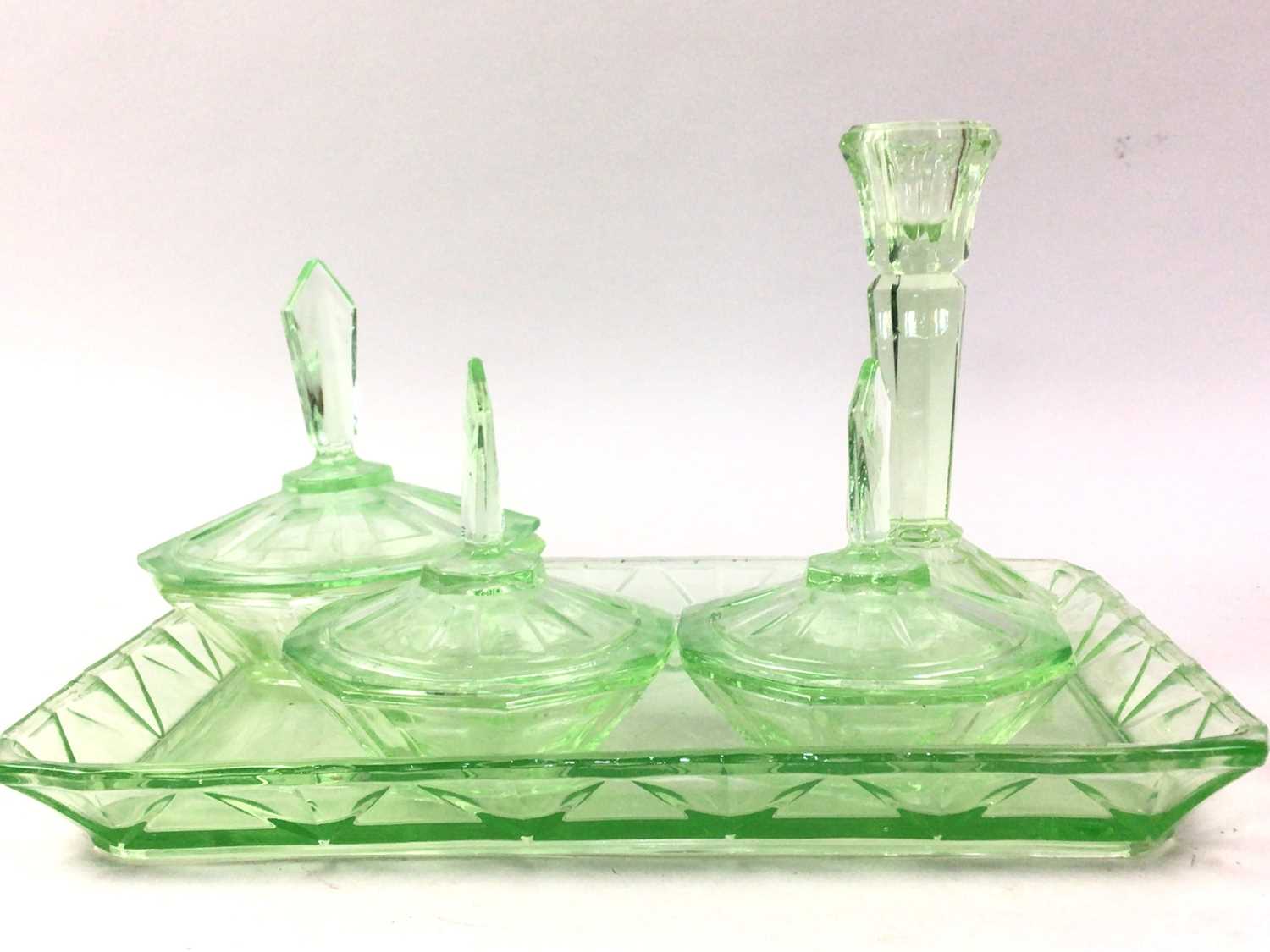 ART DECO URANIUM GLASS DRESSING TABLE SET, ALONG OTHER ITEMS WITH A WATERFORD CLOCK