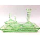 ART DECO URANIUM GLASS DRESSING TABLE SET, ALONG OTHER ITEMS WITH A WATERFORD CLOCK