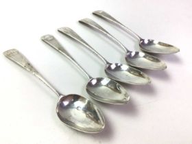 SET OF FIVE SILVER TEASPOONS, MAKER CR