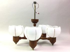 MID CENTURY TEAK AND FIVE LIGHT CEILING FITTING, ALONG A PAIR OF MATCHING WALL SCONCES,