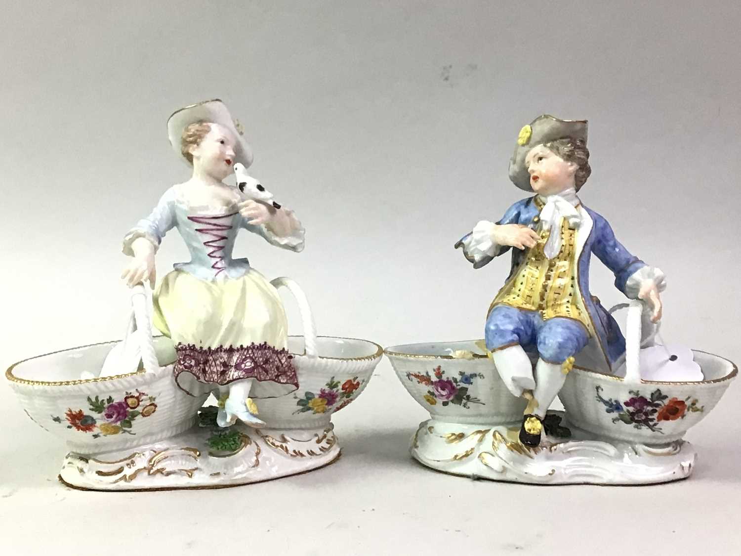 PAIR OF 19TH CENTURY MEISSEN DOUBLE SALTS, AND OTHERS CERAMICS