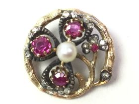 RUBY, PEARL AND DIAMOND BROOCH,