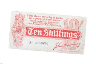 BRADBURY TEN SHILLING NOTE WWI PERIOD,