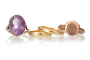 AMETHYST DRESS RING, AND THREE OTHER RINGS