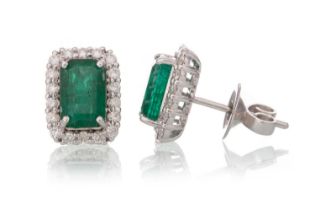 PAIR OF EMERALD AND DIAMOND EARRINGS,