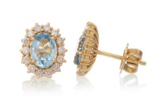 PAIR OF AQUAMARINE AND DIAMOND CLUSTER EARRINGS,