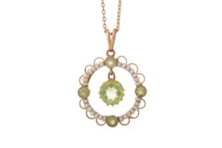 PERIDOT AND SEED PEARL PENDANT,