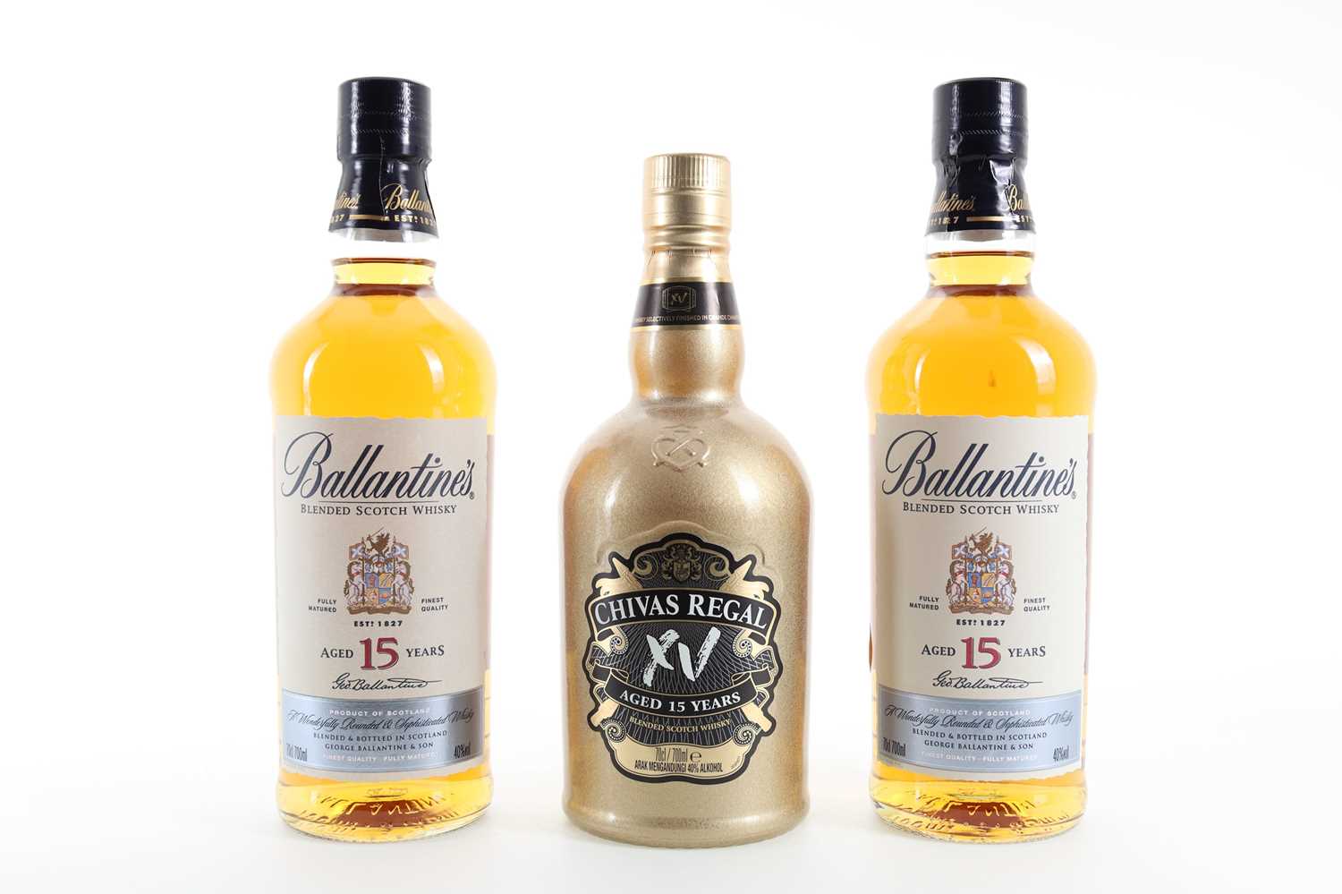 2 BOTTLES OF BALLANTINE'S 15 YEAR OLD AND CHIVAS REGAL 15 YEAR OLD BLENDED WHISKY