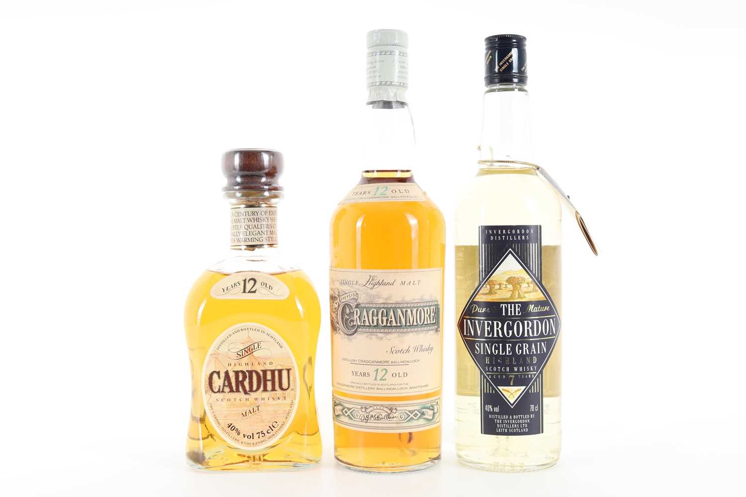 CRAGGANMORE 12 YEAR OLD 75CL, CARDHU 12 YEAR OLD 75CL AND INVERGORDON 7 YEAR OLD SINGLE MALT AND SIN
