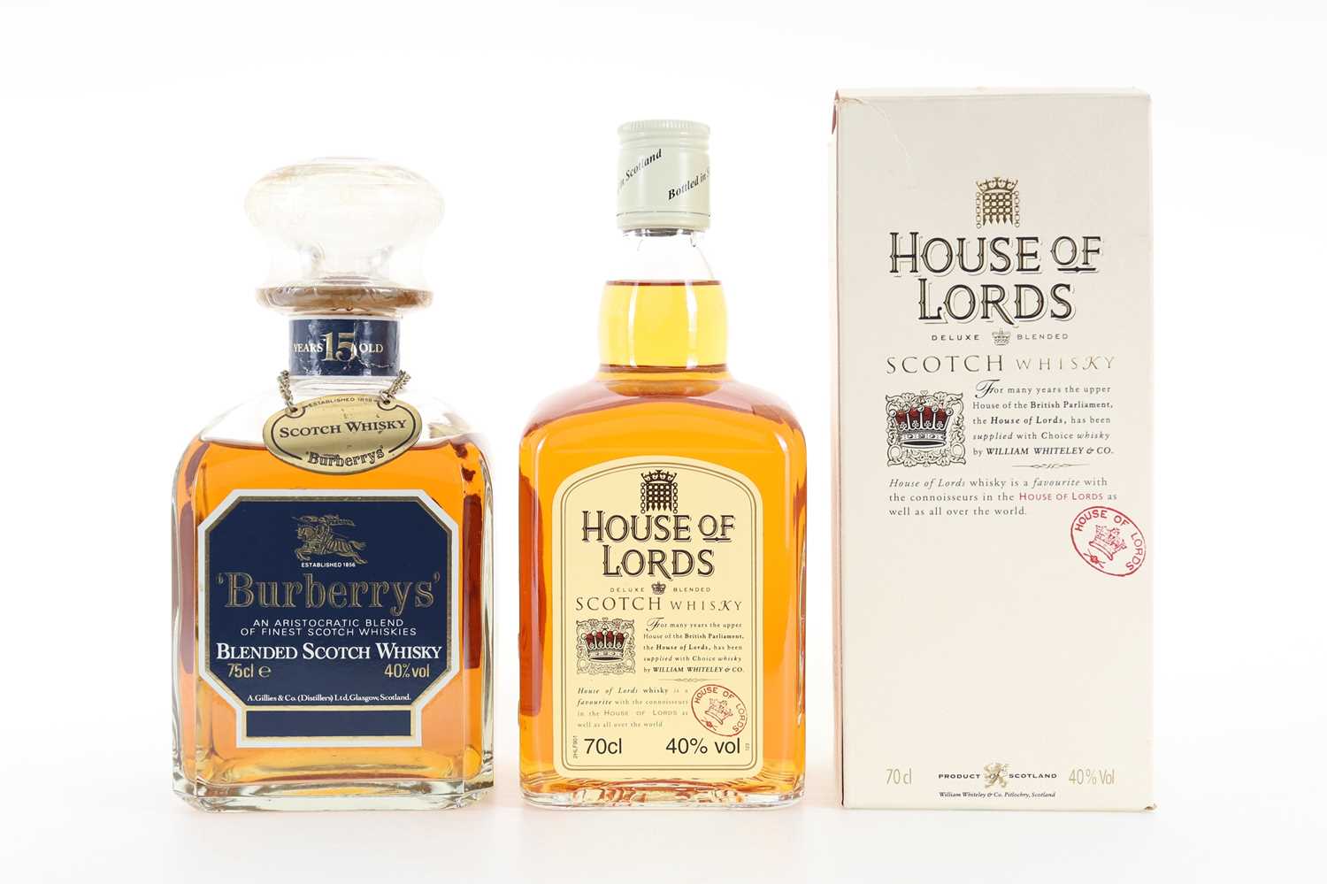 HOUSE OF LORDS DELUXE AND BURBERRYS 15 YEAR OLD 75CL BLENDED WHISKY