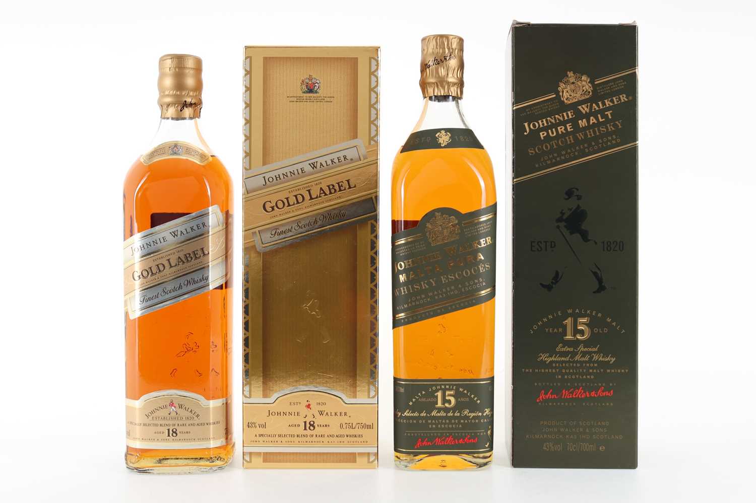 JOHNNIE WALKER 18 YEAR OLD GOLD LABEL 75CL AND 15 YEAR OLD GREEN LABEL BLENDED WHISKY