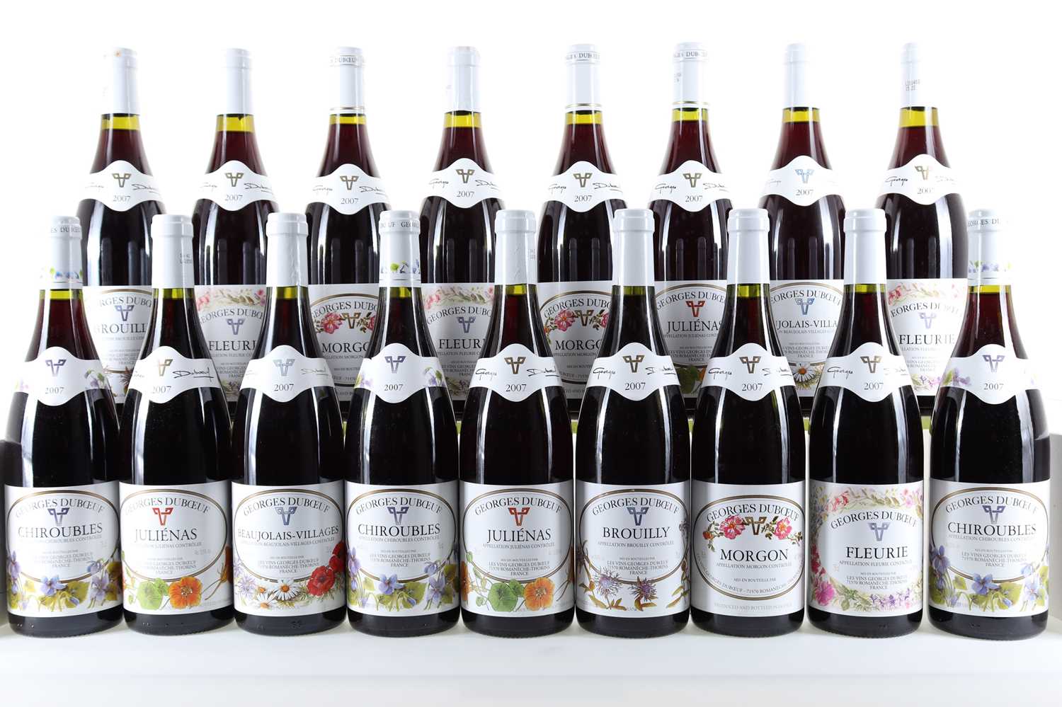 24 BOTTLES OF GEORGE DUBOEUF 2007 VINTAGE INCLUDING MORGON, CHIROUBLES, FLEURIE, BROUILLY, BEAUJOLAI