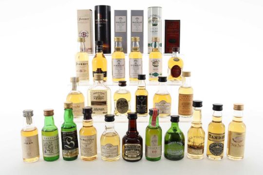 23 SINGLE MALT MINIATURES INCLUDING SPRINGBANK 12 YEAR OLD 80° PROOF AND LAGAVULIN 16 YEAR OLD WHITE