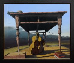 * GORDON K MITCHELL RSA RSW RGI (SCOTTISH b. 1952), TABLE WITH STRINGED INSTRUMENTS