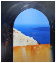 * CHRIS BUSHE RSW (SCOTTISH b. 1958), AFTERNOON ARCHWAY, SANTORINI