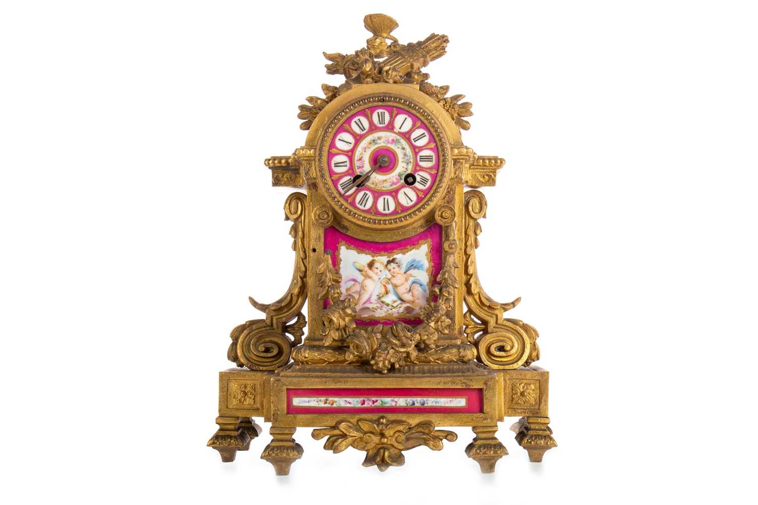 FRENCH GILT METAL AND PORCELAIN MANTEL CLOCK, LATE 19TH CENTURY