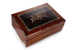 VICTORIAN ROSEWOOD AND MARQUETRY WRITING SLOPE LATE 19TH CENTURY