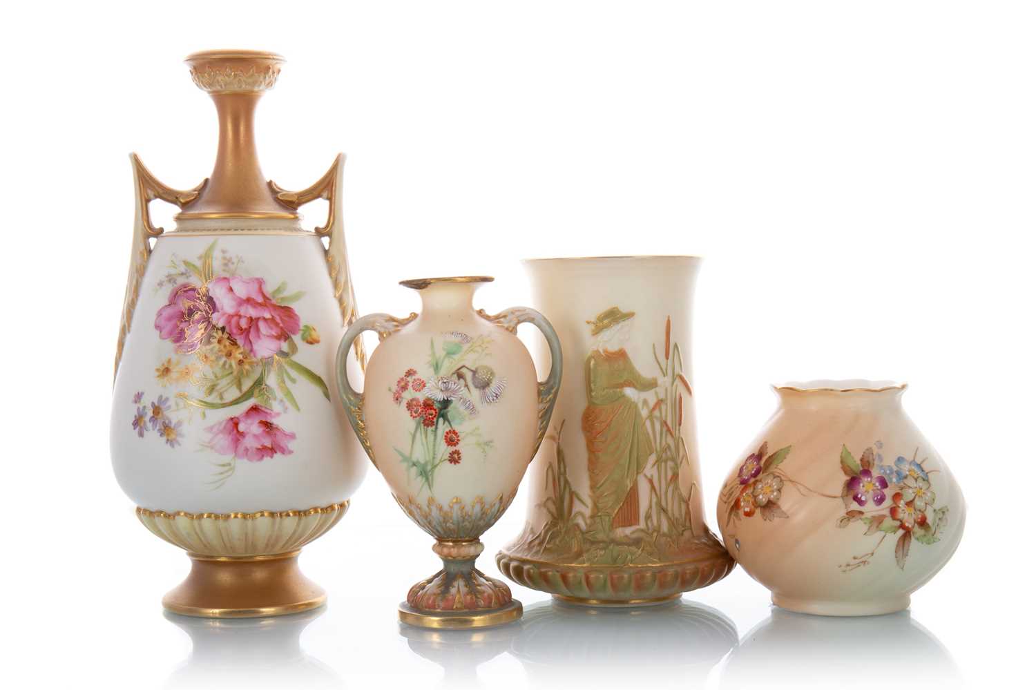 ROYAL WORCESTER, FOUR BLUSH IVORY VASES, LATE 19TH / EARLY 20TH CENTURY