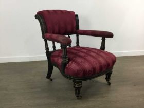 LATE VICTORIAN EBONISED AND PARCEL GILT DRAWING ROOM ARMCHAIR,