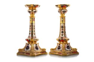 ROYAL CROWN DERBY, PAIR OF IMARI PATTERN CANDLESTICKS, DATE CIPHER FOR 1968