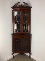 EDWARDIAN INLAID MAHOGANY CORNER DISPLAY CABINET,