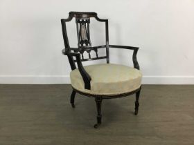 VICTORIAN EBONISED DRAWING ROOM ARMCHAIR,