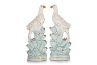 PAIR OF VICTORIAN STAFFORDSHIRE FLATBACK BIRDS,