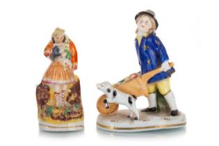 VICTORIAN MINIATURE STAFFORDSHIRE FLATBACK FIGURE, AND ANOTHER STAFFORDSHIRE FIGURE GROUP