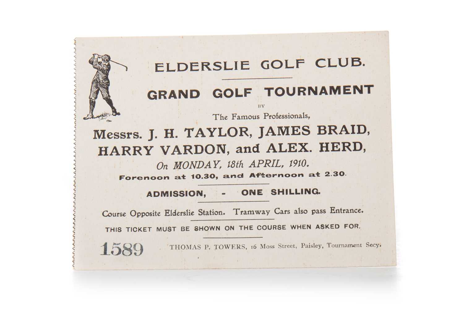 RARE & IMPORTANT, ELDERSLIE GOLF CLUB - GRAND GOLF TOURNAMENT TICKET, 18TH APRIL 1910