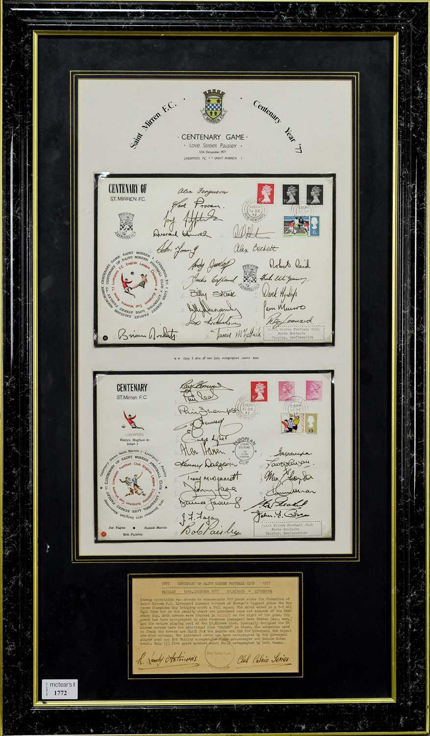 SAINT MIRREN F.C. AND LIVERPOOL F.C., CENTENARY GAME SIGNED PHILOTELIC DISPLAY, 12TH DECEMBER 1977