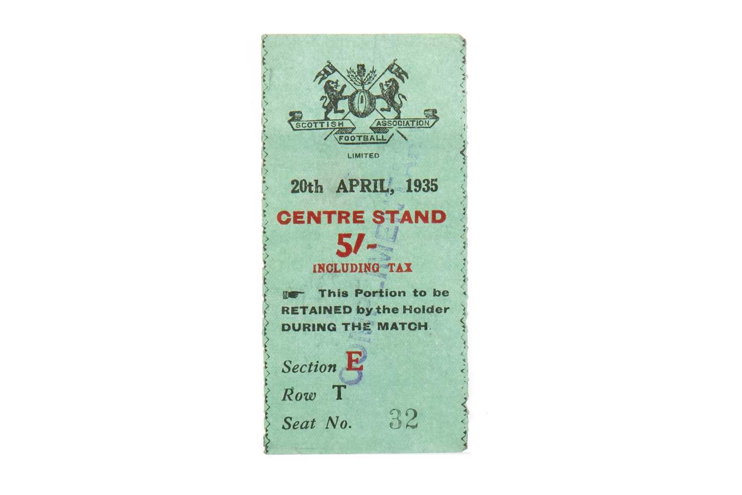 SCOTTISH CUP FINAL TICKET, RANGERS F.C. VS. HAMILTON, 20TH APRIL 1935